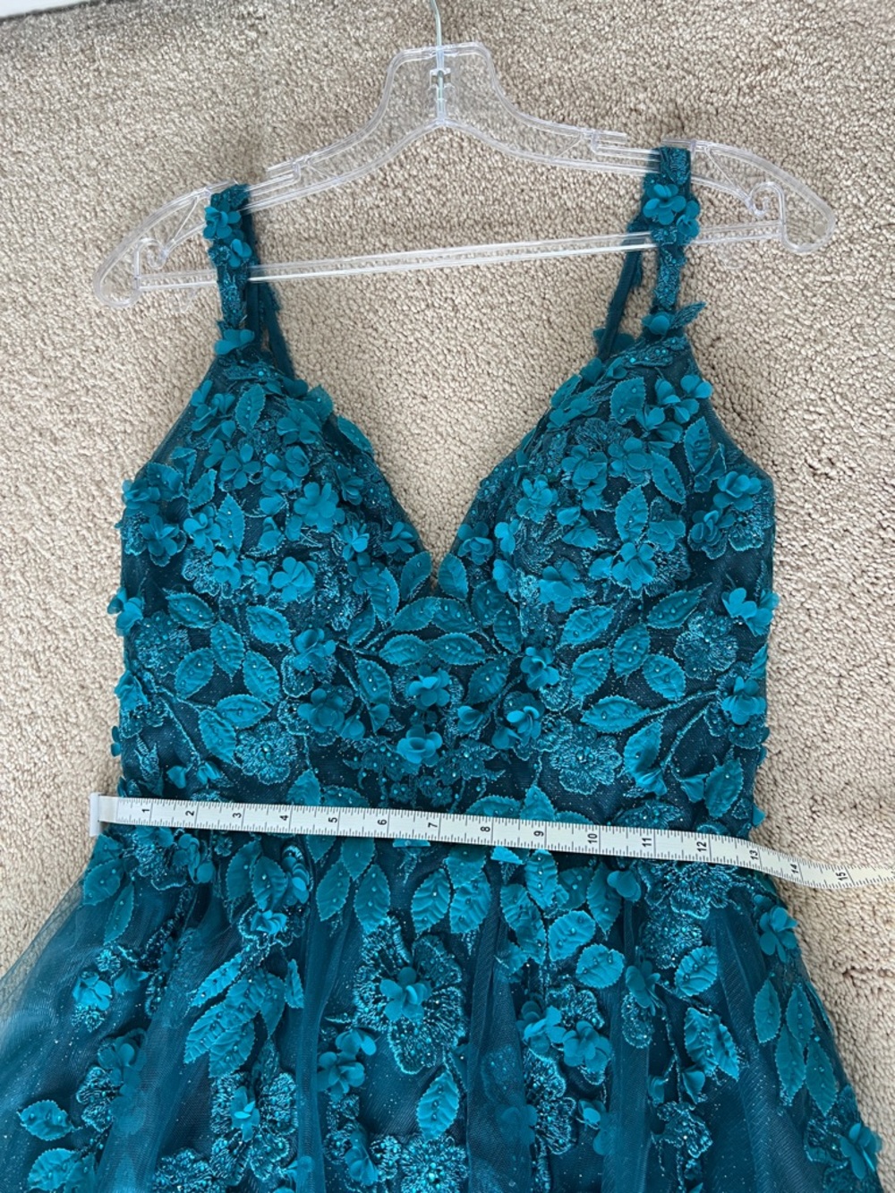 Teal Floral Embellished Tulle Gown good for Prom or Formals. Only worn once - Picture 11 of 12